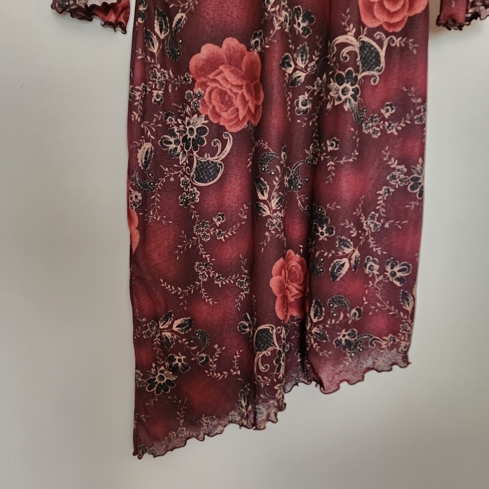 90s Expressions Burgundy Floral Lace-Up Asymmetrical Dress S - Picture 10 of 10